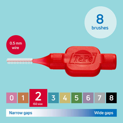 TePe Interdental Brush, Original, Red, 0.5mm/ISO 2, 8pcs, efficient Cleaning Between Teeth, Plaque Remover and Dental flosser for Narrow Gaps